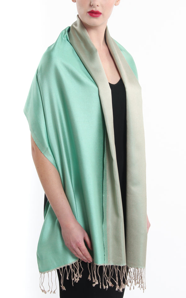 100% pure  Silk mint green cream  reversible pashmina with tassels 