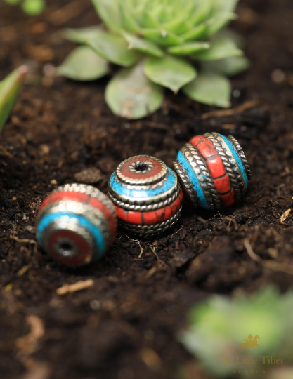 Coral Resin Turquoise Inlaid Brass Tibetan Barrel Beads - E4