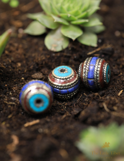 Coral Resin Turquoise Inlaid Brass Tibetan Barrel Beads - E4